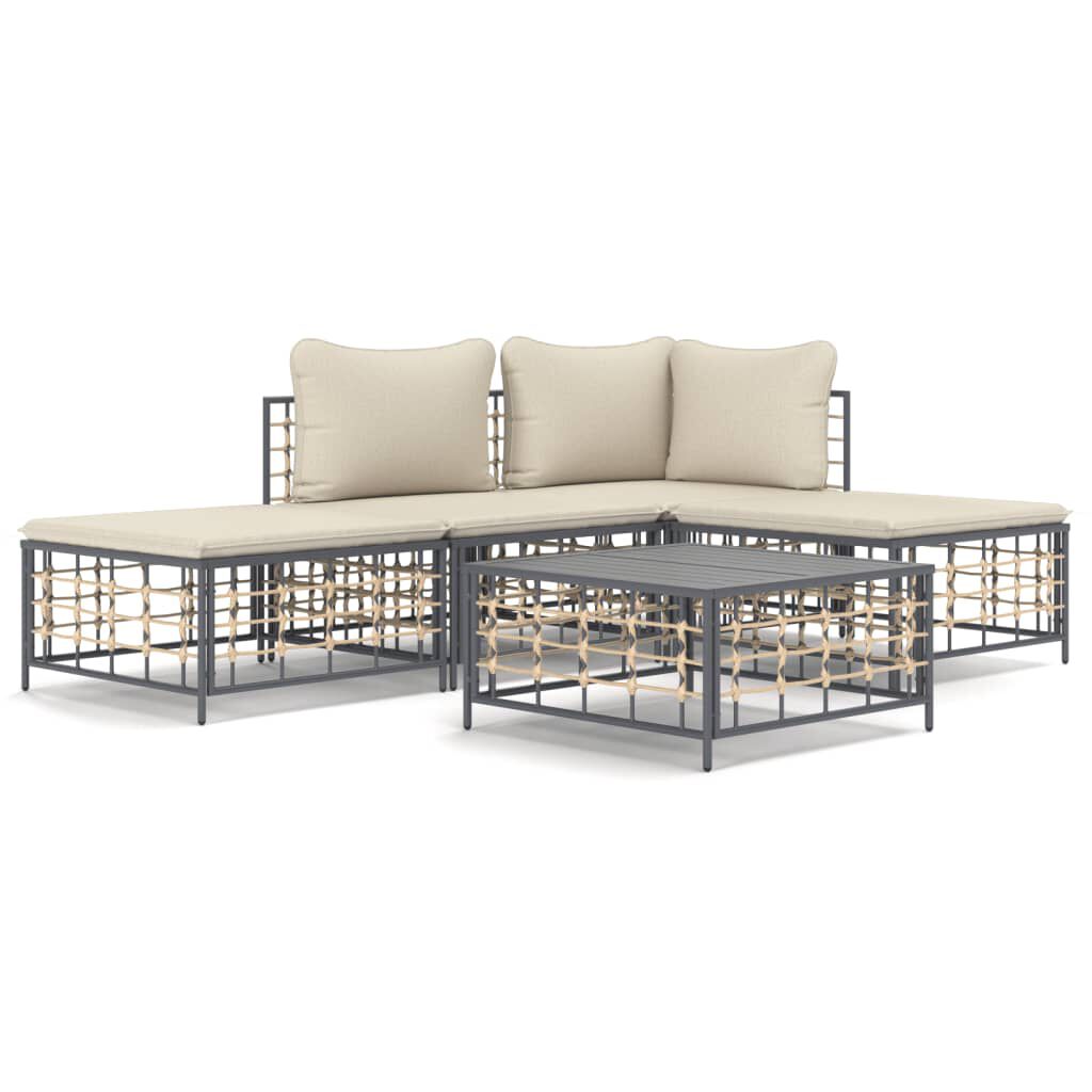 vidaXL 5 Piece Garden Lounge Set with Cushions Anthracite Poly Rattan