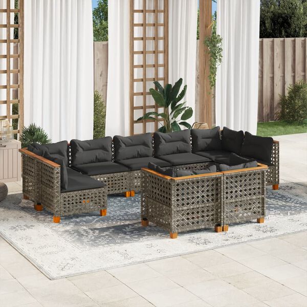 vidaXL 9 Piece Garden Sofa Set with Cushions Grey Poly Rattan