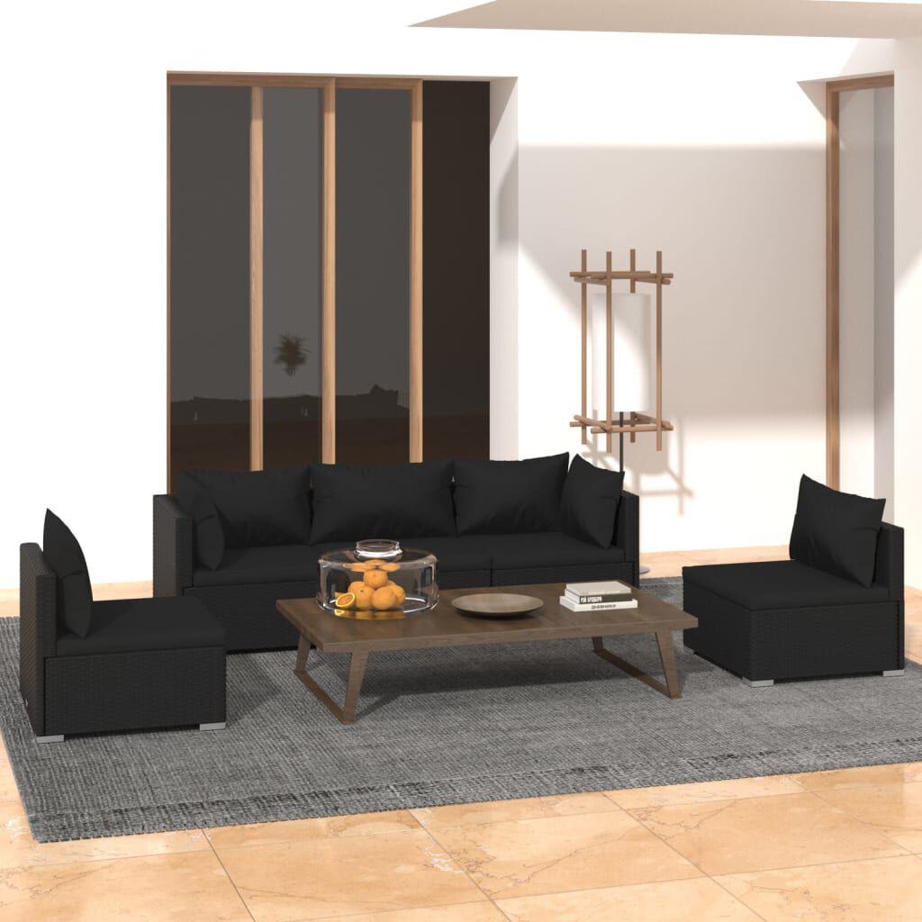 vidaXL 5 Piece Garden Lounge Set with Cushions Poly Rattan Black