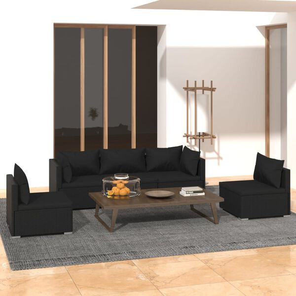 vidaXL 5 Piece Garden Lounge Set with Cushions Poly Rattan Black
