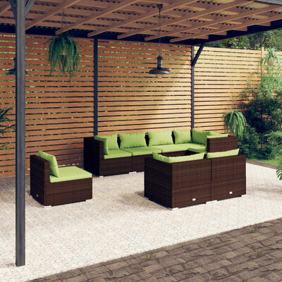 vidaXL 8 Piece Garden Lounge Set with Cushions Poly Rattan Brown, brown and green vidaXL 8 Piece Garden Lounge Set with Cushions Poly Rattan Brown