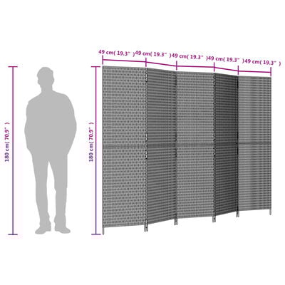 vidaXL Room Divider 5 Panels Black Poly Rattan, black vidaXL Room Divider 5 Panels Black Poly Rattan