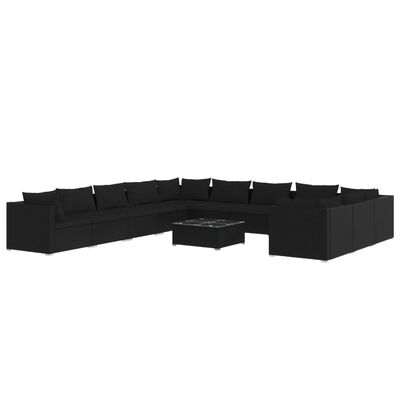 vidaXL 12 Piece Garden Lounge Set with Cushions Poly Rattan Black, black vidaXL 12 Piece Garden Lounge Set with Cushions Poly Rattan Black