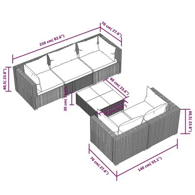 vidaXL 6 Piece Garden Lounge Set with Cushions Poly Rattan Grey, grey and dark blue vidaXL 6 Piece Garden Lounge Set with Cushions Poly Rattan Grey