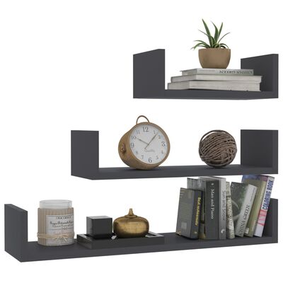 vidaXL Wall Display Shelf 3 pcs Grey Engineered Wood, grey vidaXL Wall Display Shelf 3 pcs Grey Engineered Wood