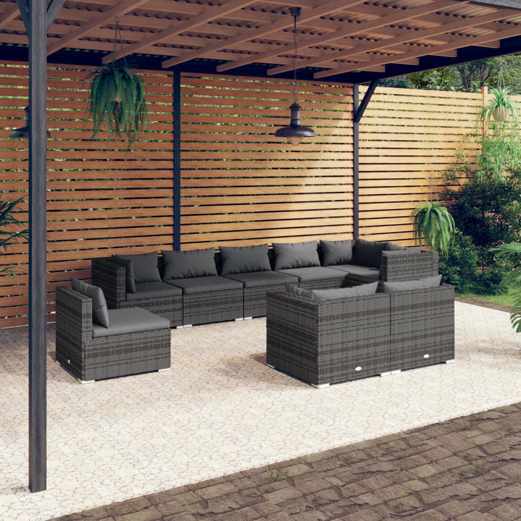 vidaXL 9 Piece Garden Lounge Set with Cushions Poly Rattan Grey
