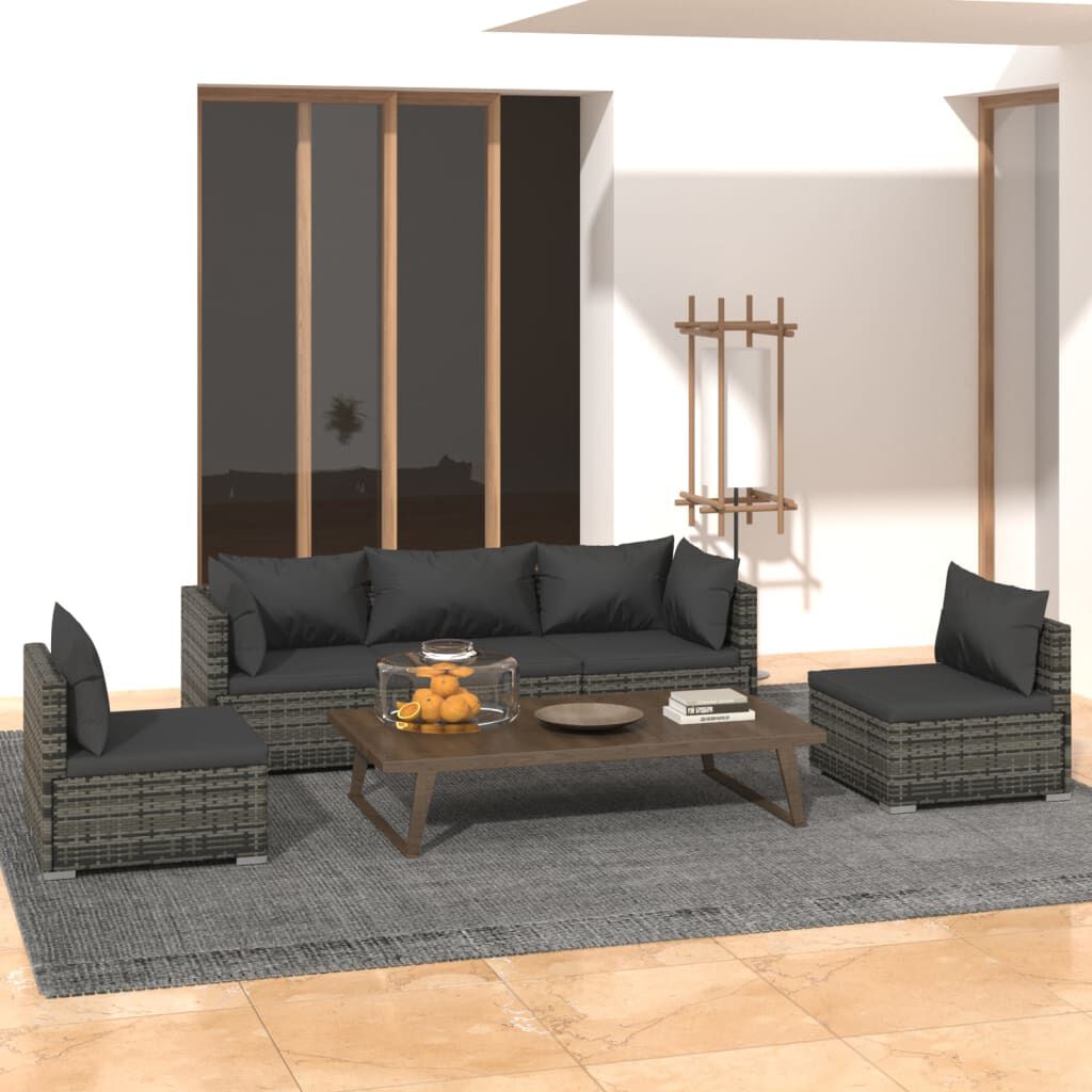 vidaXL 5 Piece Garden Lounge Set with Cushions Poly Rattan Grey