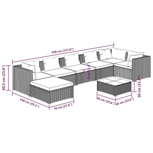 vidaXL 8 Piece Garden Lounge Set with Cushions Poly Rattan Grey