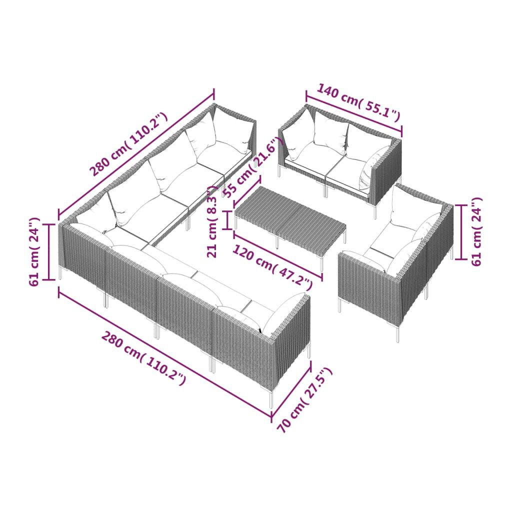 vidaXL 12 Piece Garden Lounge Set with Cushions Poly Rattan Dark Grey