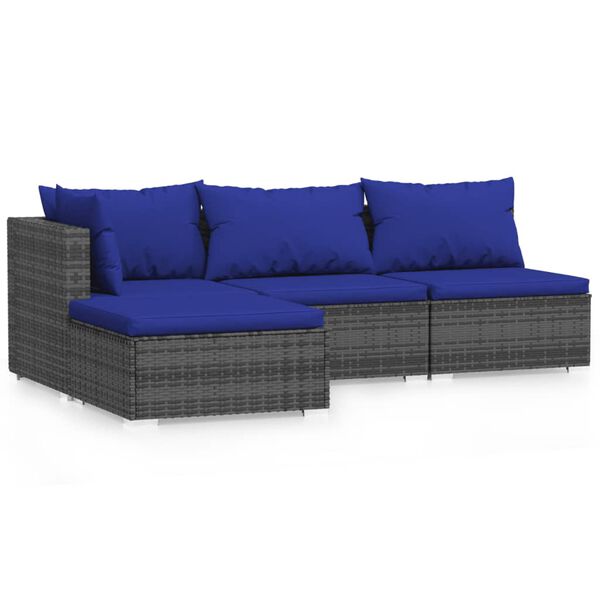 vidaXL 4 Piece Garden Lounge Set with Cushions Grey Poly Rattan