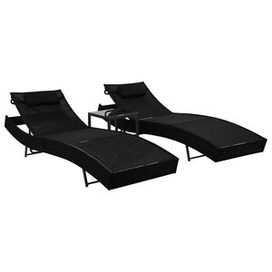 vidaXL Sun Loungers 2 pcs with Table Poly Rattan and Textilene Black