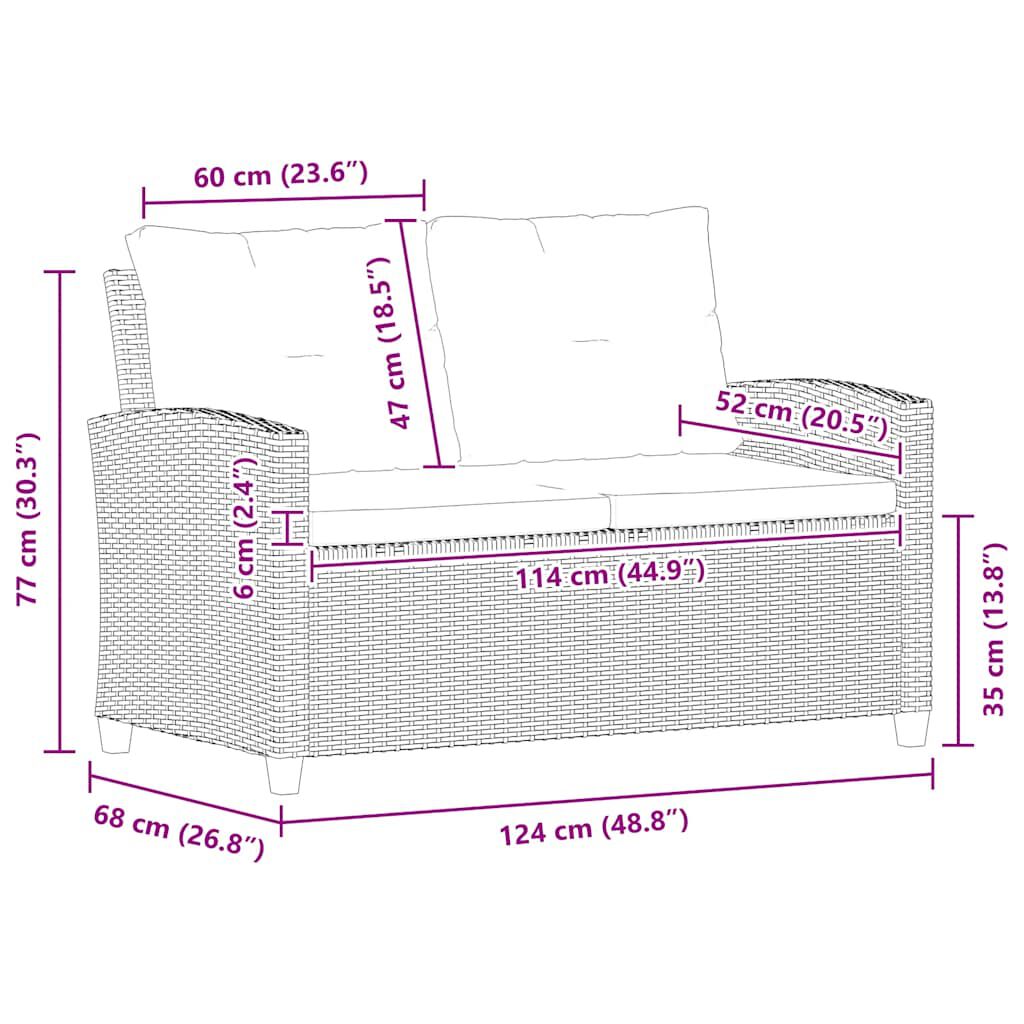 vidaXL 2-Seater Garden Sofa with Cushions Grey 124 cm Poly Rattan