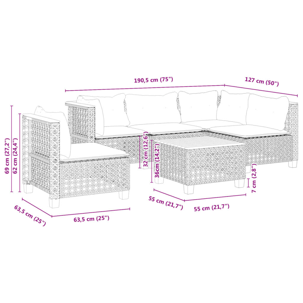 vidaXL 6 Piece Garden Sofa Set with Cushions Black Poly Rattan