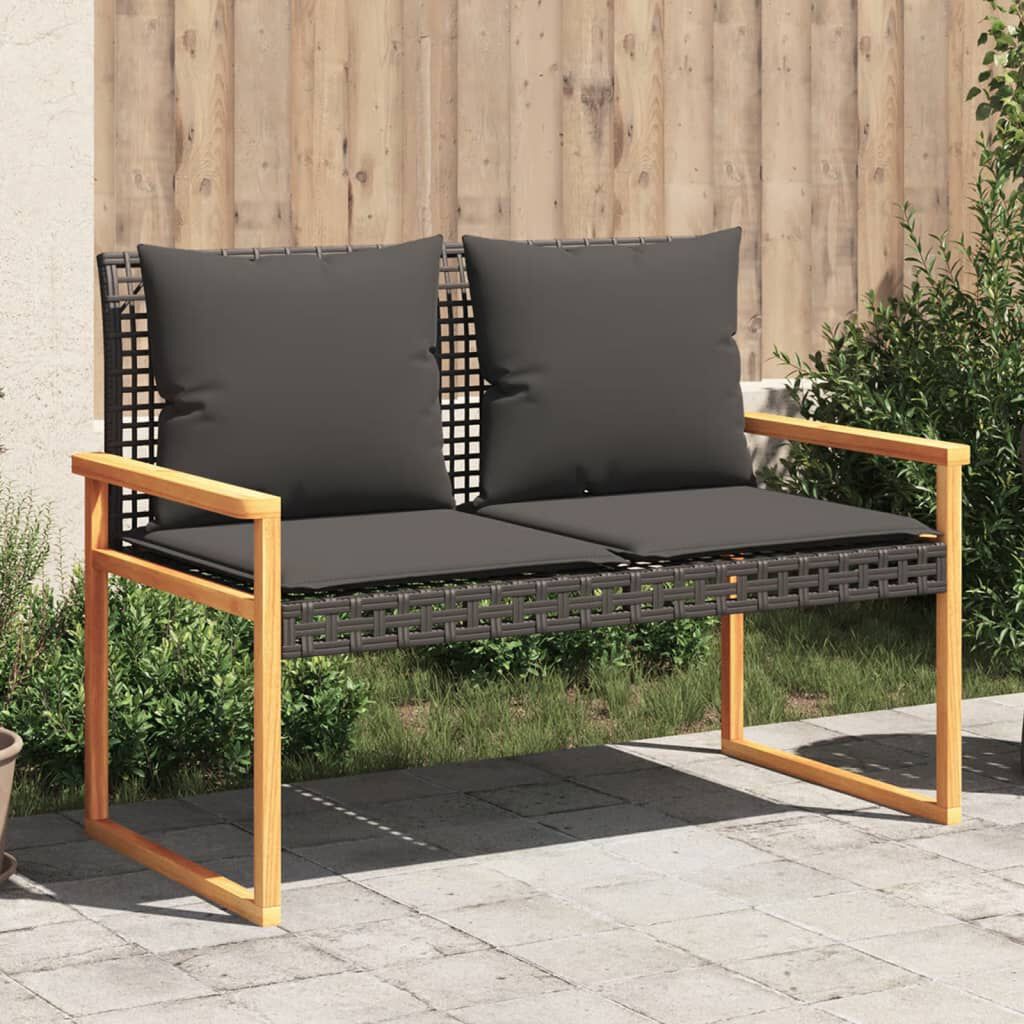 vidaXL Garden Bench with Cushion Black Poly Rattan Acacia Wood