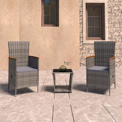 vidaXL 3 Piece Garden Lounge Set with Cushions Poly Rattan Grey,  vidaXL 3 Piece Garden Lounge Set with Cushions Poly Rattan Grey