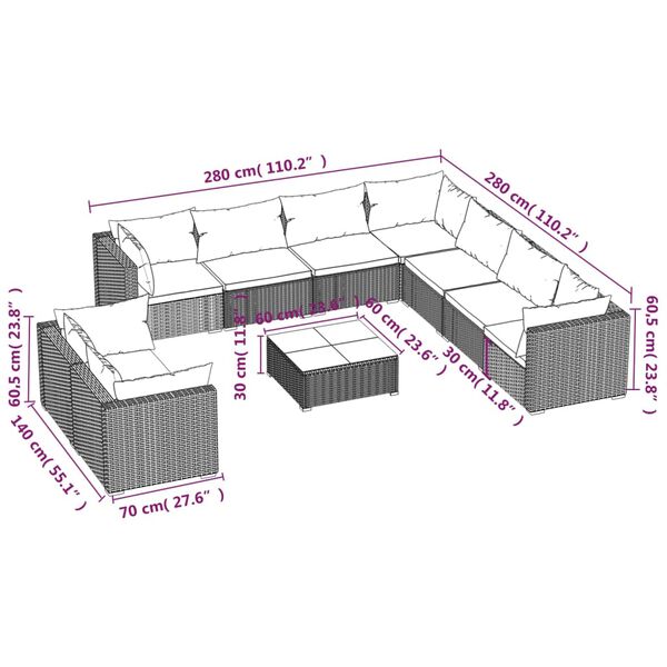vidaXL 10 Piece Garden Lounge Set with Cushions Grey Poly Rattan