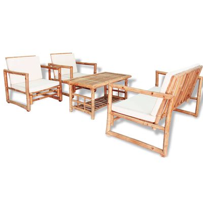 vidaXL 4 Piece Garden Lounge Set with Cushions Bamboo, cream vidaXL 4 Piece Garden Lounge Set with Cushions Bamboo