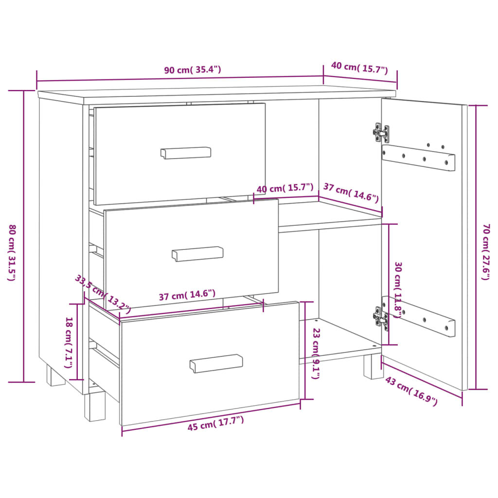vidaXL Sideboard HAMAR White 90x40x80 cm Solid Pinewood