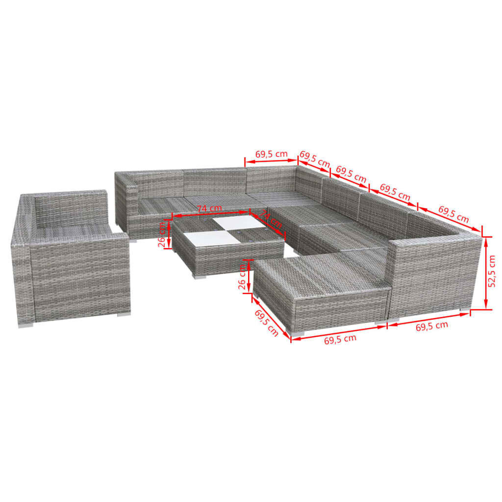 vidaXL 10 Piece Garden Lounge Set with Cushions Poly Rattan Grey
