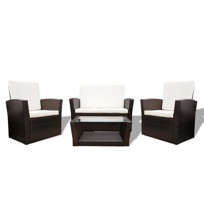 vidaXL 4 Piece Garden lounge set with Cushions Poly Rattan Brown, brown vidaXL 4 Piece Garden lounge set with Cushions Poly Rattan Brown