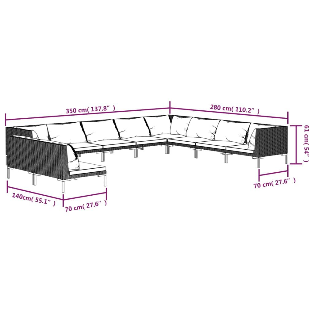 vidaXL 10 Piece Garden Lounge Set with Cushions Poly Rattan Dark Grey