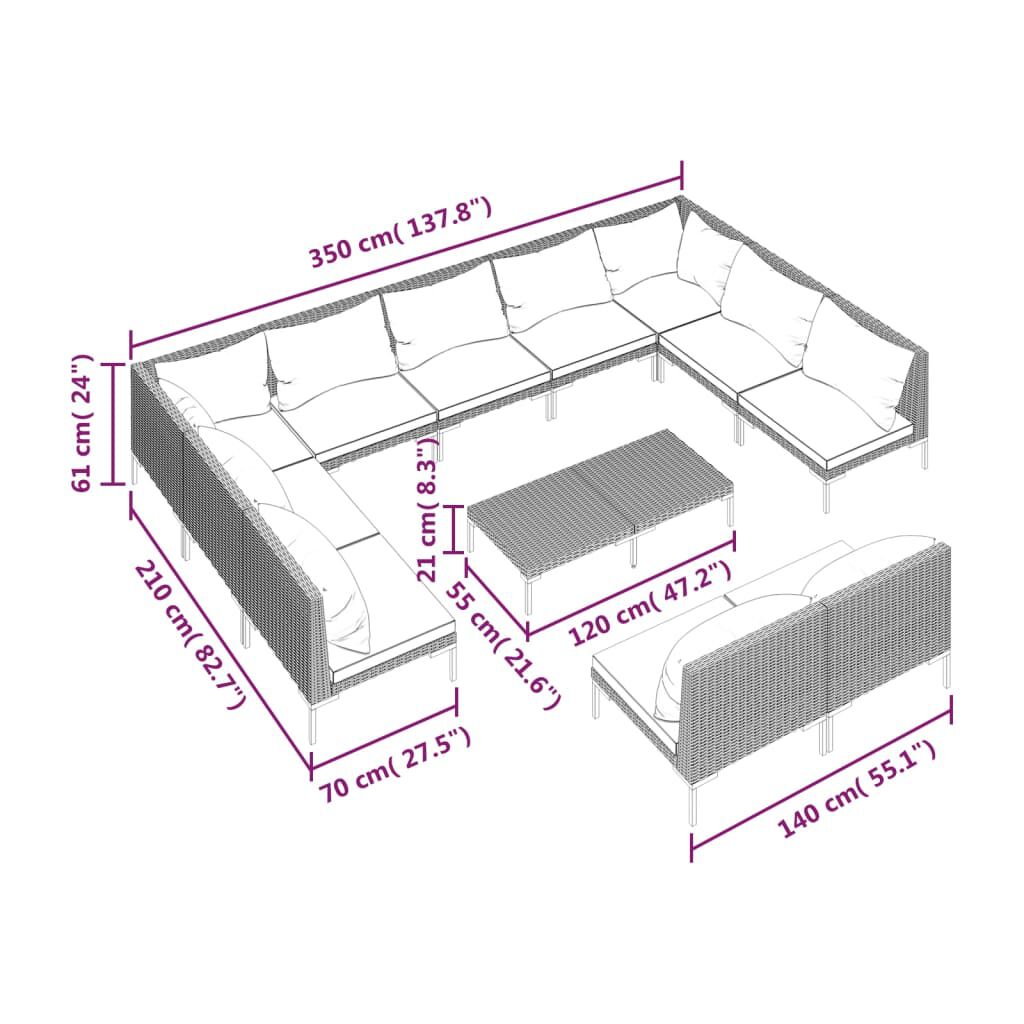 vidaXL 12 Piece Garden Lounge Set with Cushions Poly Rattan Dark Grey