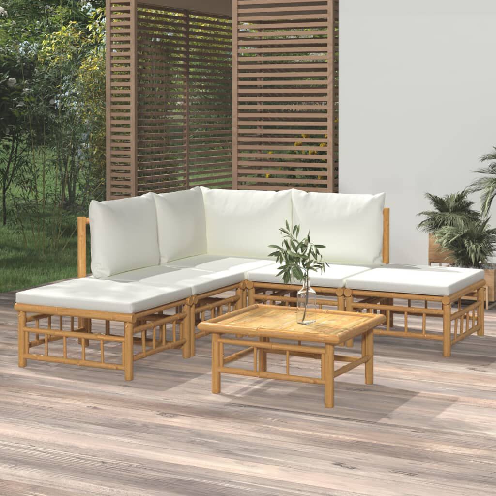 vidaXL 6 Piece Garden Lounge Set with Cream White Cushions Bamboo
