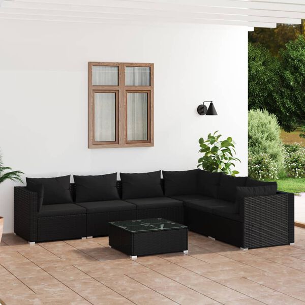 vidaXL 7 Piece Garden Lounge Set with Cushions Poly Rattan Black