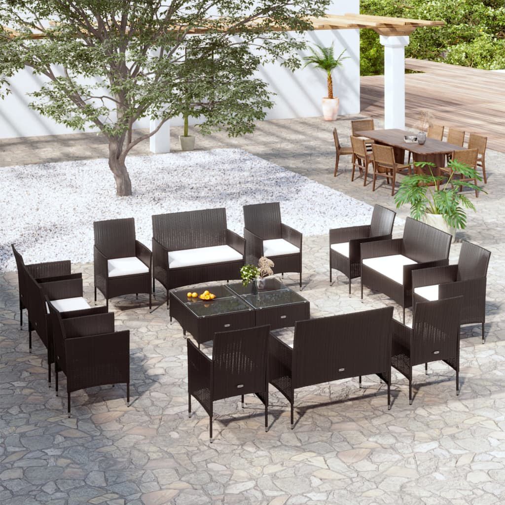 vidaXL 16 Piece Garden Lounge Set with Cushions Poly Rattan Black