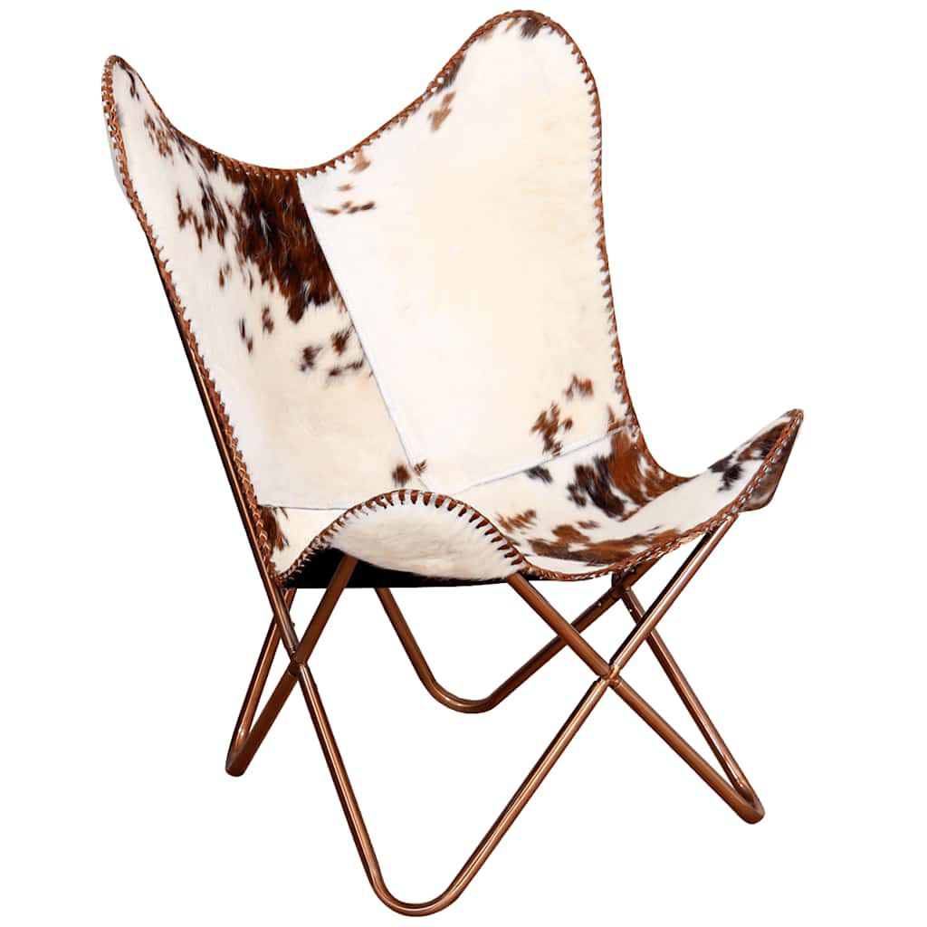 vidaXL Butterfly Chair Brown and White Real Cowhide Leather