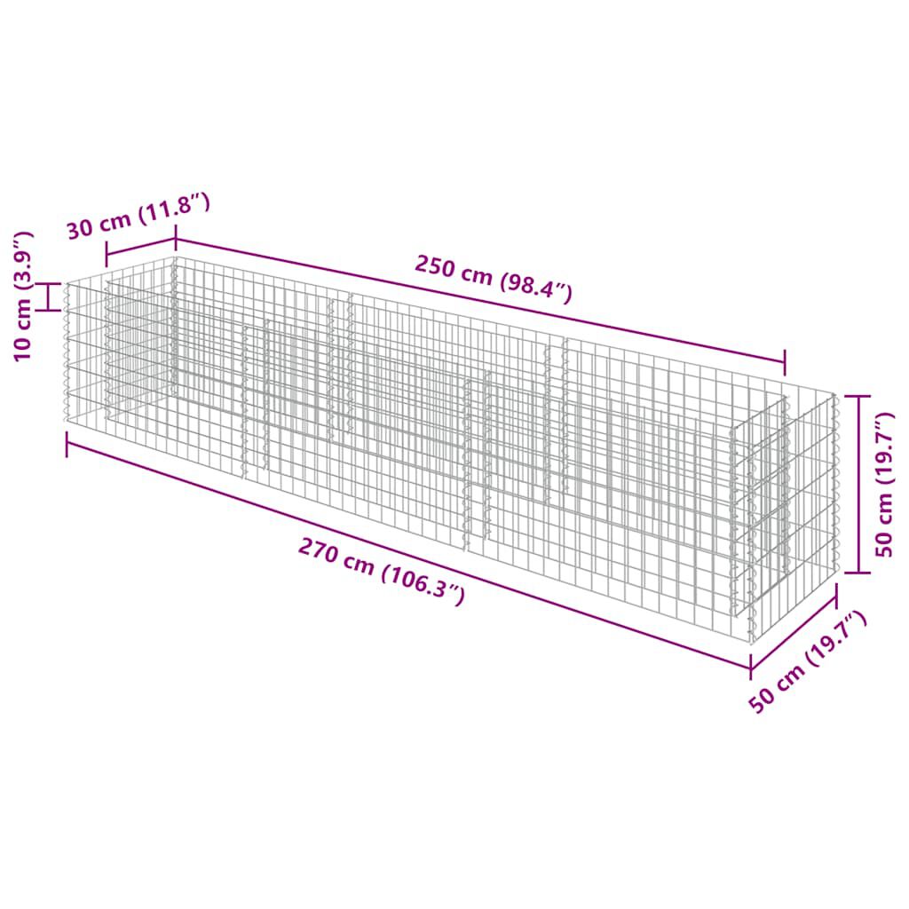 vidaXL Gabion Raised Bed Galvanised Steel 270x50x50 cm,  vidaXL Gabion Raised Bed Galvanised Steel 270x50x50 cm