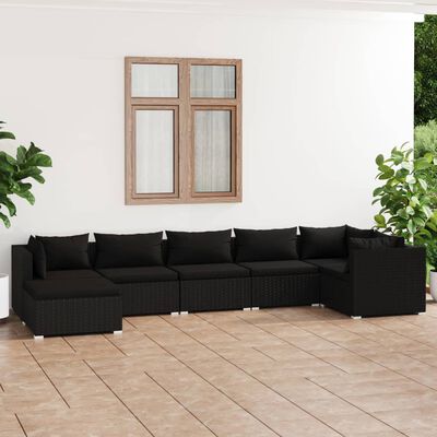 vidaXL 7 Piece Garden Lounge Set with Cushions Poly Rattan Black, black vidaXL 7 Piece Garden Lounge Set with Cushions Poly Rattan Black