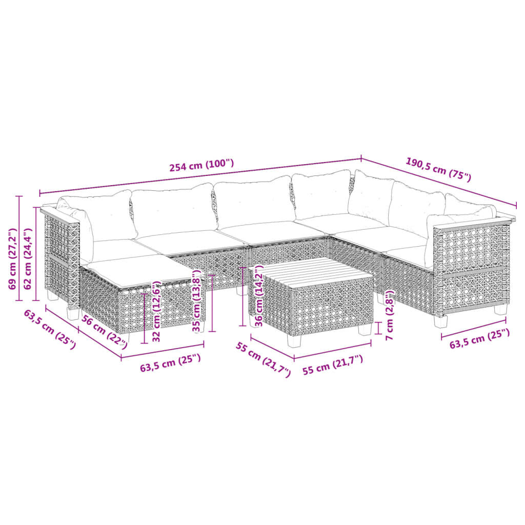 vidaXL 8 Piece Garden Sofa Set with Cushions Grey Poly Rattan