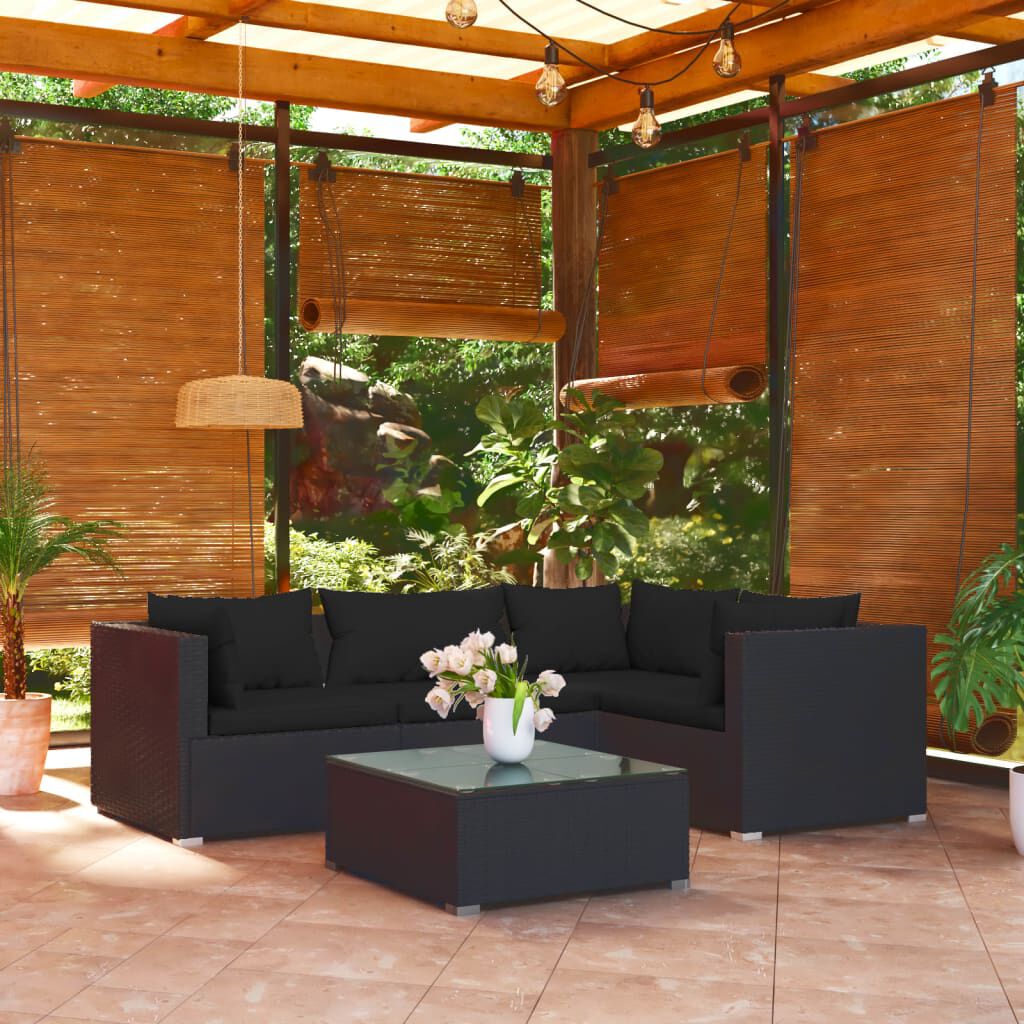 vidaXL 5 Piece Garden Lounge Set with Cushions Poly Rattan Black