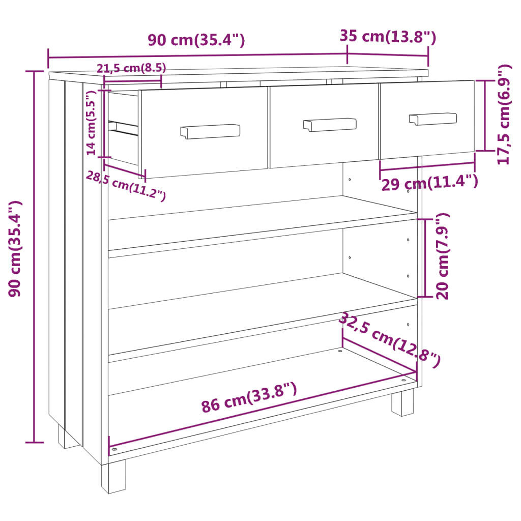 vidaXL Console Table HAMAR White 90x35x90 cm Solid Wood Pine