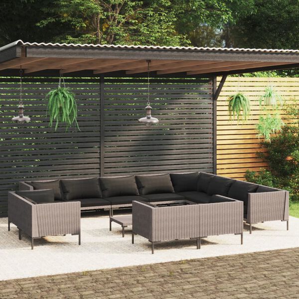 vidaXL 13 Piece Garden Lounge Set with Cushions Poly Rattan Dark Grey