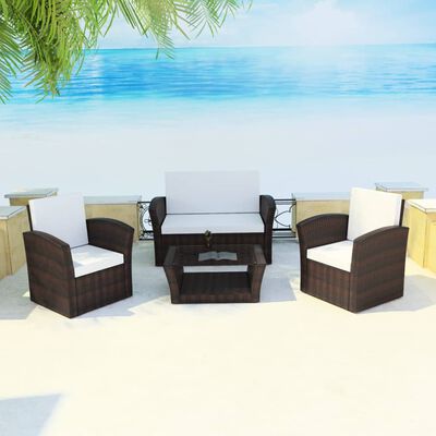 vidaXL 4 Piece Garden lounge set with Cushions Poly Rattan Brown, brown vidaXL 4 Piece Garden lounge set with Cushions Poly Rattan Brown