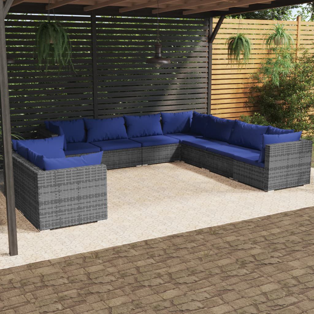 vidaXL 9 Piece Garden Lounge Set with Cushions Grey Poly Rattan