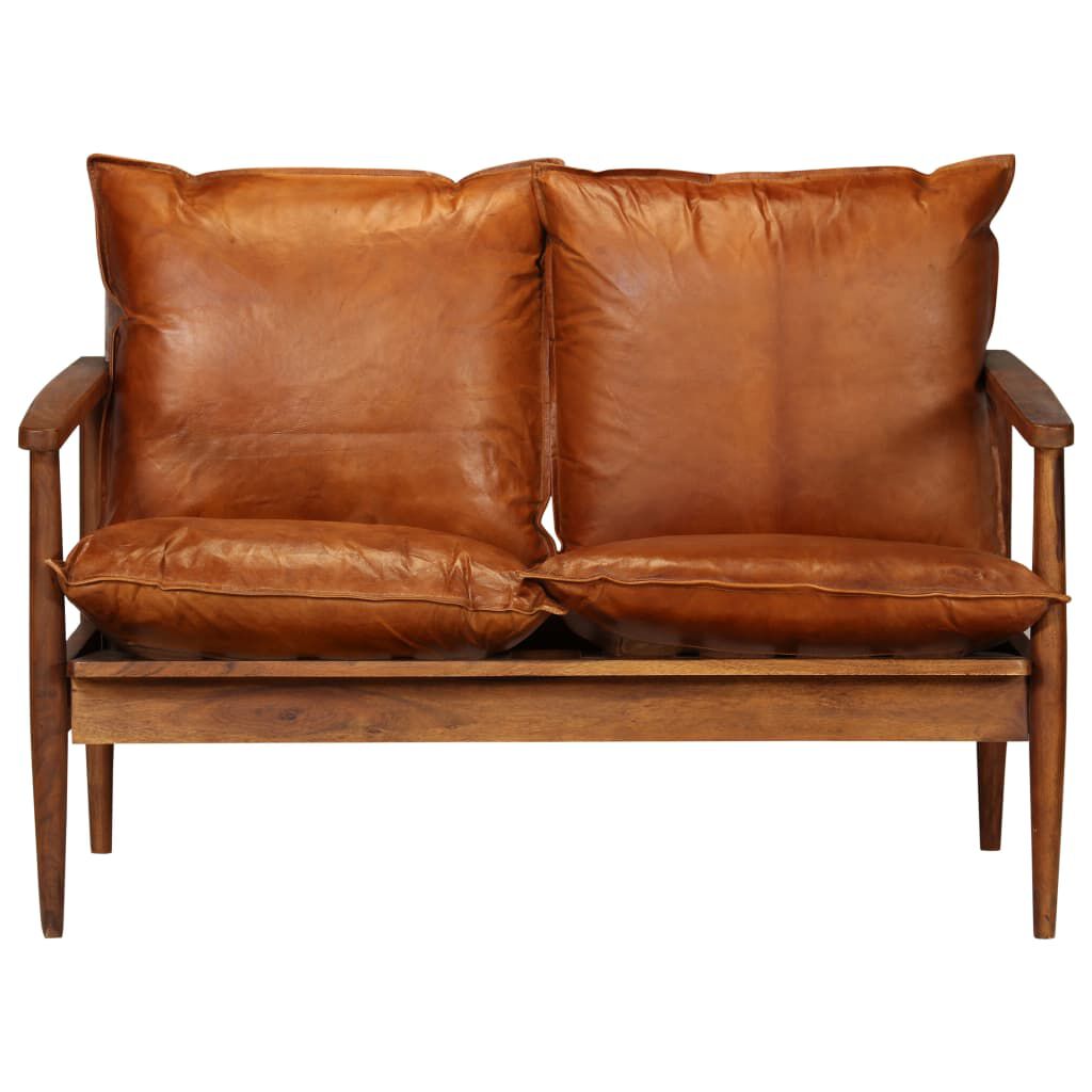 vidaXL 2-Seater Sofa Real Leather with Acacia Wood Brown