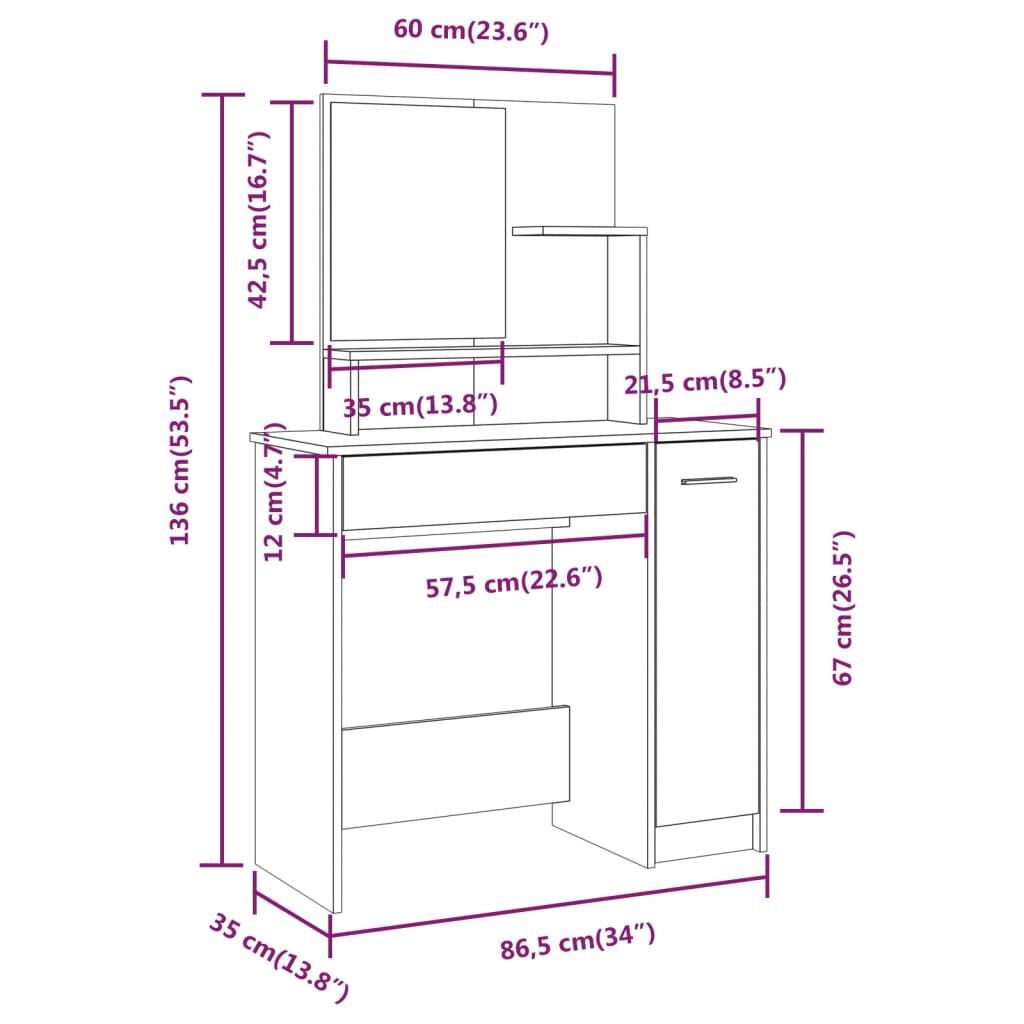 vidaXL Dressing Table with Mirror White 86.5x35x136 cm