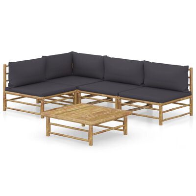 vidaXL 5 Piece Garden Lounge Set with Dark Grey Cushions Bamboo, dark grey vidaXL 5 Piece Garden Lounge Set with Dark Grey Cushions Bamboo
