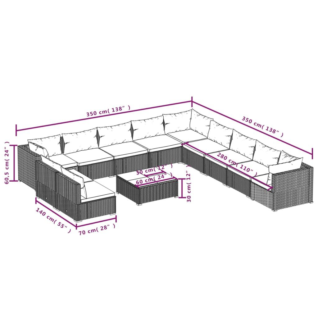 vidaXL 12 Piece Garden Lounge Set with Cushions Black Poly Rattan