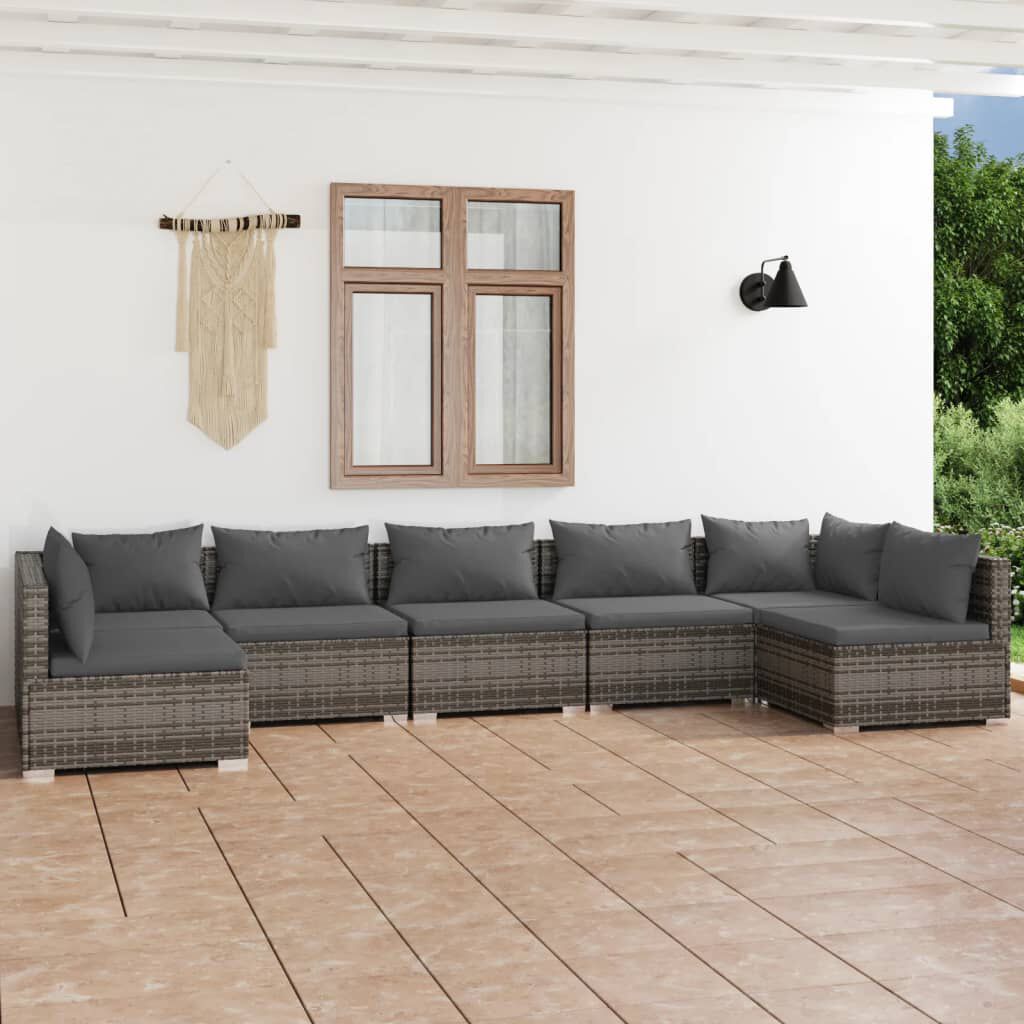 vidaXL 7 Piece Garden Lounge Set with Cushions Poly Rattan Grey