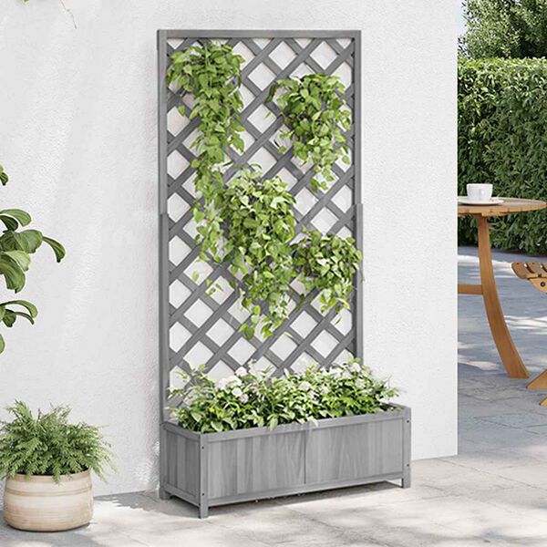 vidaXL Planter with Trellis Grey Solid Wood Fir
