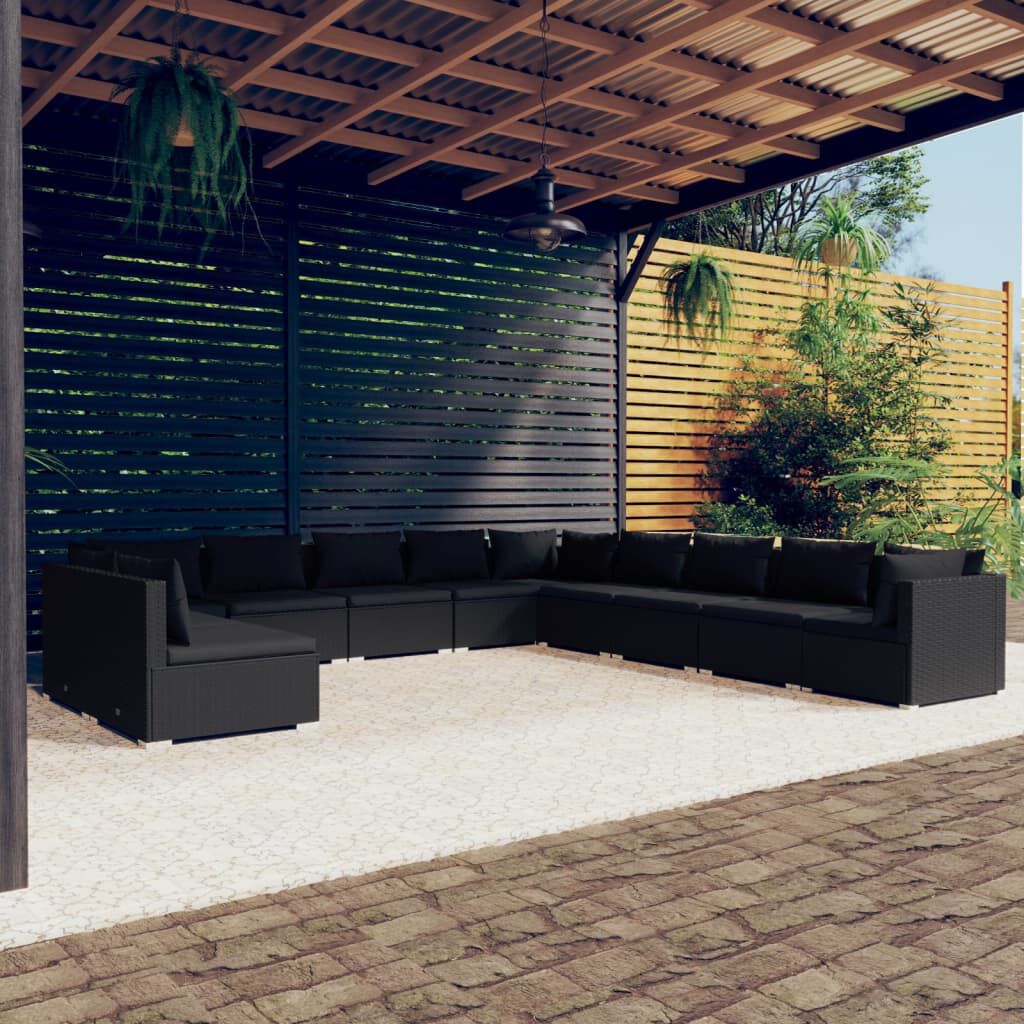vidaXL 11 Piece Garden Lounge Set with Cushions Black Poly Rattan
