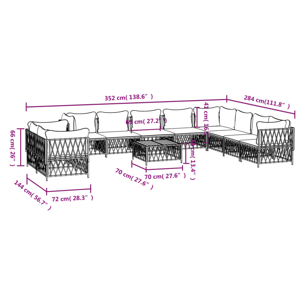 vidaXL 11 Piece Garden Lounge Set with Cushions White Steel