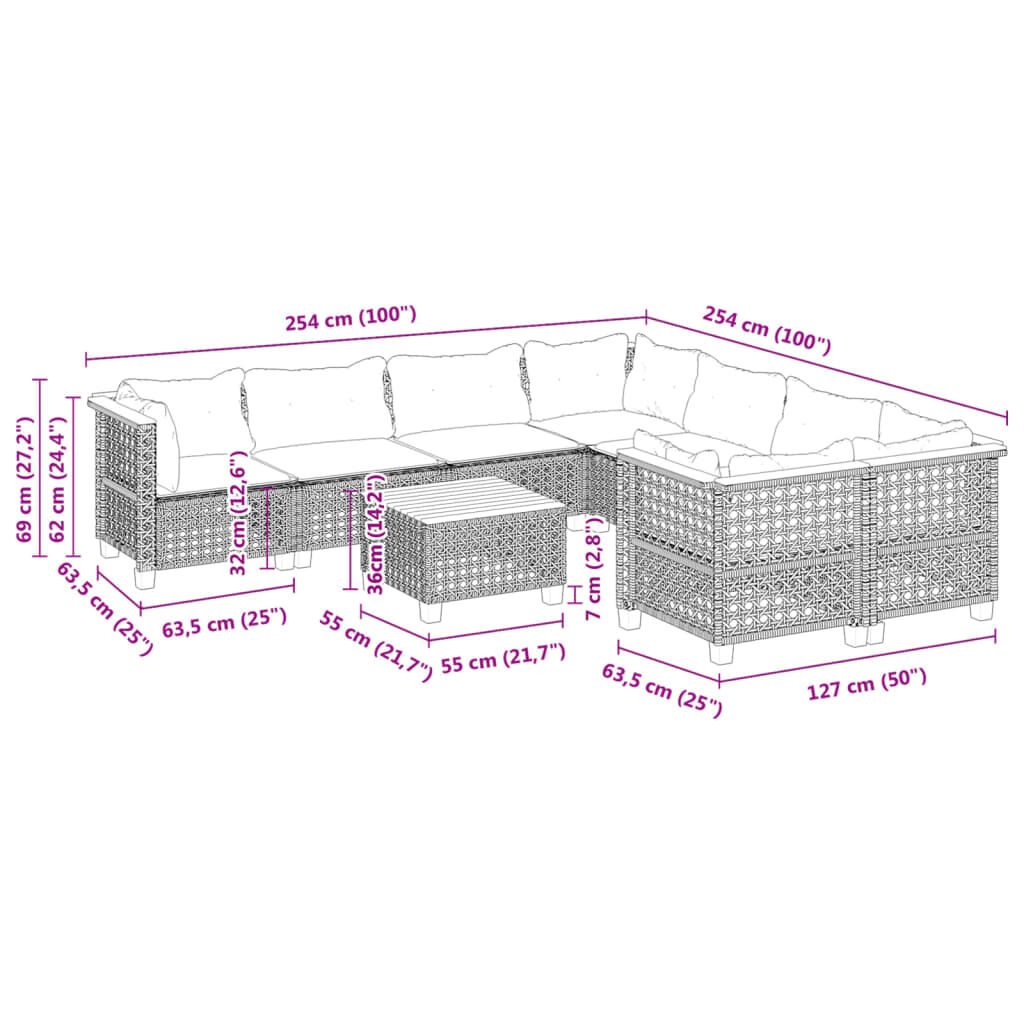 vidaXL 9 Piece Garden Sofa Set with Cushions Grey Poly Rattan