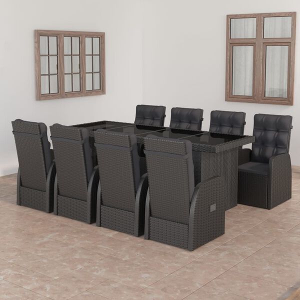 vidaXL 9 Piece Outdoor Dining Set with Cushions Poly Rattan Black