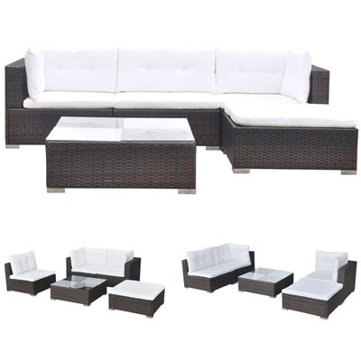 vidaXL 5 Piece Garden Lounge Set with Cushions Poly Rattan Brown, brown vidaXL 5 Piece Garden Lounge Set with Cushions Poly Rattan Brown