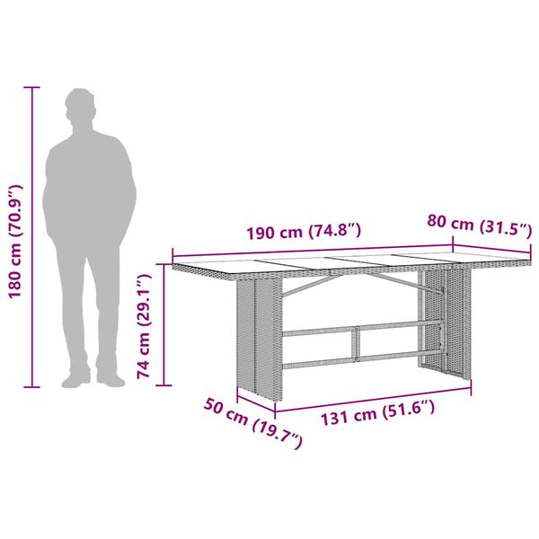 vidaXL Garden Table with Glass Top Black 190x80x74 cm Poly Rattan